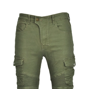 Detail of military green motorcycle pants with knee moto-ribbing and cargo pockets
