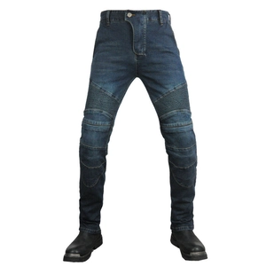 Detail of high-waist stretch motorcycle jeans featuring accordion stretch panels and knee pads
