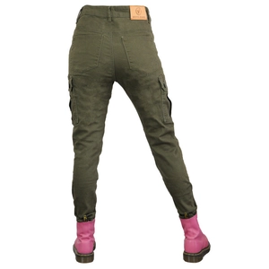 Detail view of olive green motorcycle cargo pants showing waist leather patch and side pockets