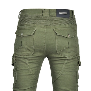 Detail view of motorcycle jeans with accordion waist panels and cargo pockets