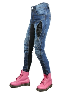 Women's blue motorcycle jeans with mesh panels and pink boots on white background
