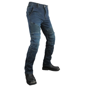 Detail of stretch accordion panels on the knees of dark blue motorcycle riding jeans
