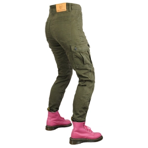 Rear view of army green motorcycle cargo pants with side pockets and a leather logo patch