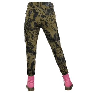 Rear view of camouflage motorcycle cargo pants with tactical pockets and durable fabric