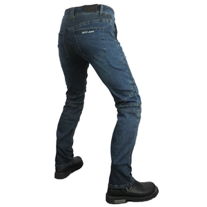 Detail of motorcycle jeans with moto embroidery, stretch panels and dark blue denim fabric