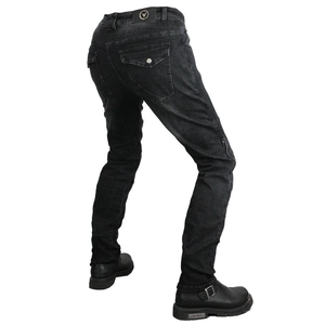 Slim fit black motorcycle jeans with stretch accordion panels and protective pads