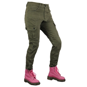 Close-up of army green motorcycle cargo pants featuring large side pockets and reinforced knees