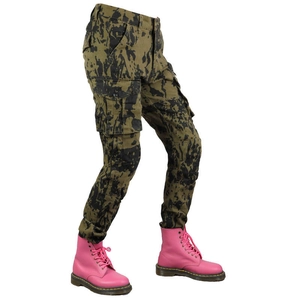 Detail view of camouflage motorcycle cargo pants with multi-pockets and slim fit design