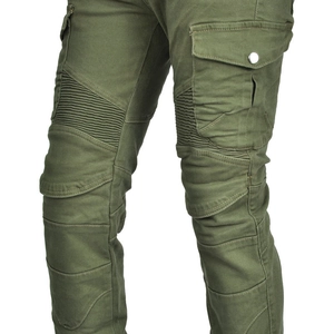 Detail of army green motorcycle pants showing protective knee pleats and cargo pockets