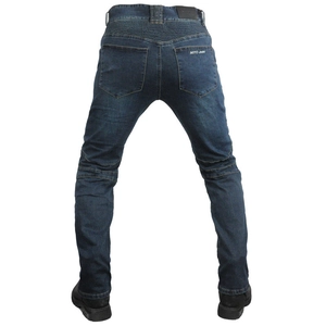 Detail view of motorcycle jeans featuring elastic accordion panels and moto embroidery