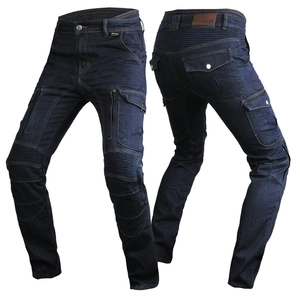 Detail view of motorcycle jeans with accordion stretch panels and tactical cargo pockets