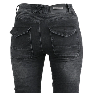 Detail of women motorcycle jeans featuring elastic pleated waist and cargo pockets