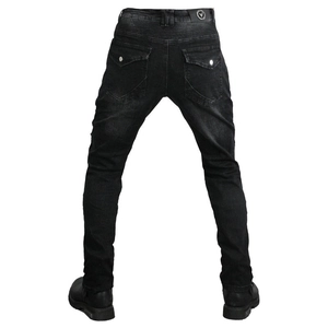 Slim fit motorcycle riding jeans in dark grey wash with quilted waist and back flap pockets