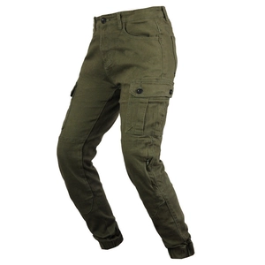 Detail view of army green motorcycle cargo pants with reinforced knee pads and side pockets