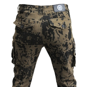 Rear view of camouflage motorcycle cargo pants showing reinforced pockets and durable fabric