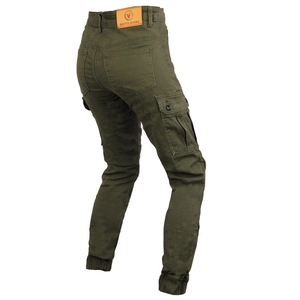 Macro detail of olive green moto jeans showing back pockets and tactical cargo design