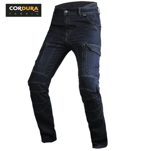 Detail view of Cordura motorcycle jeans with reinforced fabric and protective knee pleats