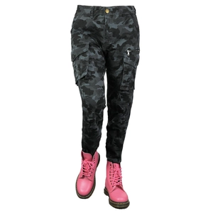 Detail of dark camouflage motorcycle pants with large cargo pockets and zipper features