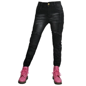Detail of slim-fit women's motorcycle jeans with biker-style pleated knees and button waist