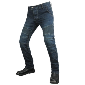 Detailed view of dark blue motorcycle jeans with accordion panels on the knees for flexibility