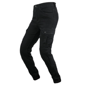 Detail view of black protective motorcycle cargo pants with multi-pockets and jogger cuffs