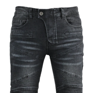 Herren Motorradjeans in Schwarz-Grau mit Akkordeon-Stretch-Einsätzen und Wascheffekt