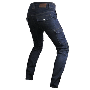 Detailed back view of motorcycle jeans with accordion stretch panels for riding comfort