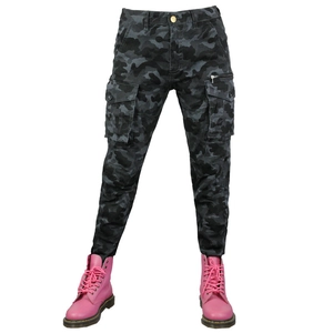 Detail of dark grey camo motorcycle cargo pants with large utility pockets and zippers