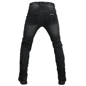 Detail of accordion stretch panels and MOTO Jeans print on grey motorcycle pants