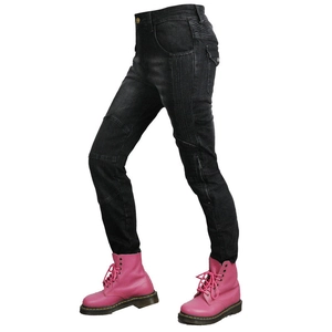 Detail of black motorcycle jeans featuring side ribbing and cargo pockets for women