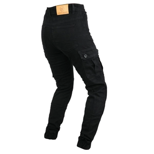 Detail view of black motorcycle cargo jeans with brown leather label and flap pockets