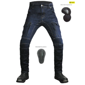 Detail of motorcycle jeans featuring CORDURA fabric and removable CE protective armor