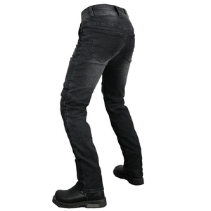 Detail of accordion stretch panels on waist and knees of gray motorcycle riding jeans