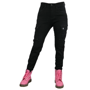 Close-up of black motorcycle cargo pants featuring side flap pockets and reinforced stitching
