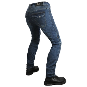 Dark blue protective motorcycle jeans with stretch accordion panels and multiple pockets