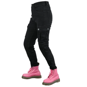 Detail of slim-fit black motorcycle cargo pants with side flap pockets and metal buttons