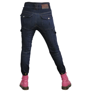 Rear view of slim blue motorcycle jeans showing leather waist patch and cargo pockets
