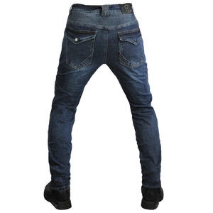 Dark blue motorcycle protective jeans featuring elastic waist stretch panels and rear pockets