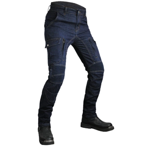 Detail of durable motorcycle jeans with accordion stretch panels and functional side pockets