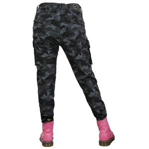 Rear view of women's camo motorcycle cargo pants with protective pockets and slim fit design