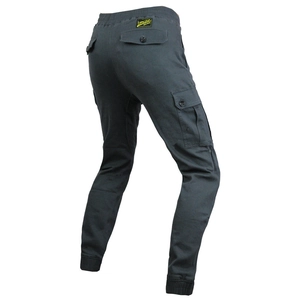 Dark grey cargo motorcycle riding pants with multiple pockets and jogger style cuffs