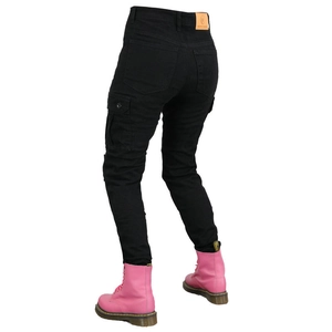 Detail of black slim-fit motorcycle jeans with side cargo pockets and leather waist patch