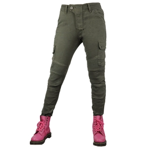 Pantaloni da moto verde oliva da donna in kevlar antistrappo con ginocchia a pieghe