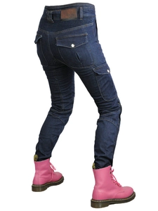 Women motorcycle jeans in deep blue Cordura denim with stretch panels and cargo pockets
