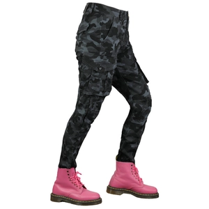 Detail of multi-pocket dark camouflage moto jeans with secure button flap and slim fit cut