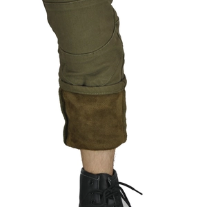 Detail of army green motorcycle pants showing thick warm fleece lining and cotton fabric
