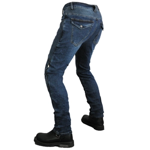 Dark blue motorcycle riding jeans with protective accordion panels and knee armor pockets