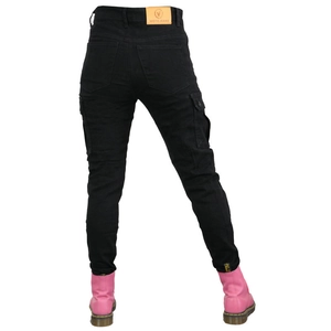 Rear view of black women's motorcycle cargo jeans with leather logo and utility pockets