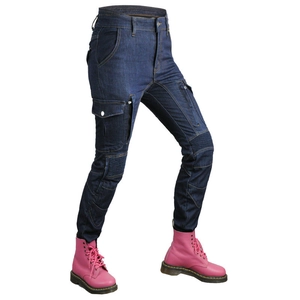 Women's dark blue Cordura motorcycle jeans with cargo pockets and protective padding