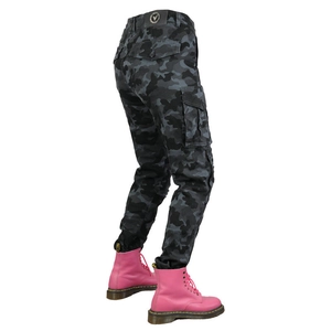 Detail of grey camouflage motorcycle cargo pants with side pockets and cinched cuffs